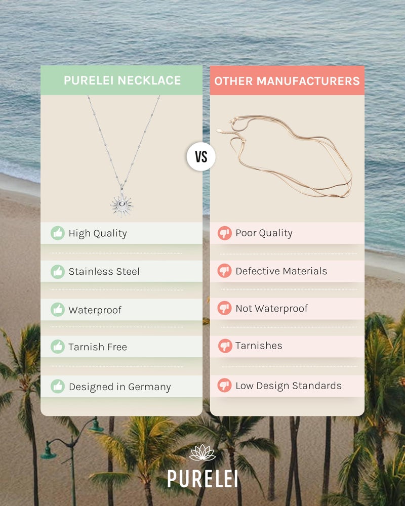 PureleiÂ® Sun Necklace: Waterproof & Adjustable, Chain with sun pendant, 20 to 22 inch adjustable length, 18K Gold plated stainless steel - silver - Image 4